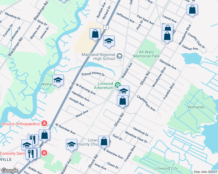 map of restaurants, bars, coffee shops, grocery stores, and more near 103 Belhaven Avenue in Linwood