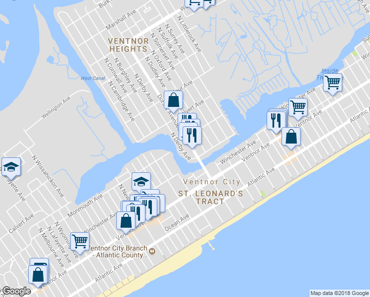 map of restaurants, bars, coffee shops, grocery stores, and more near 127 North Derby Avenue in Ventnor City