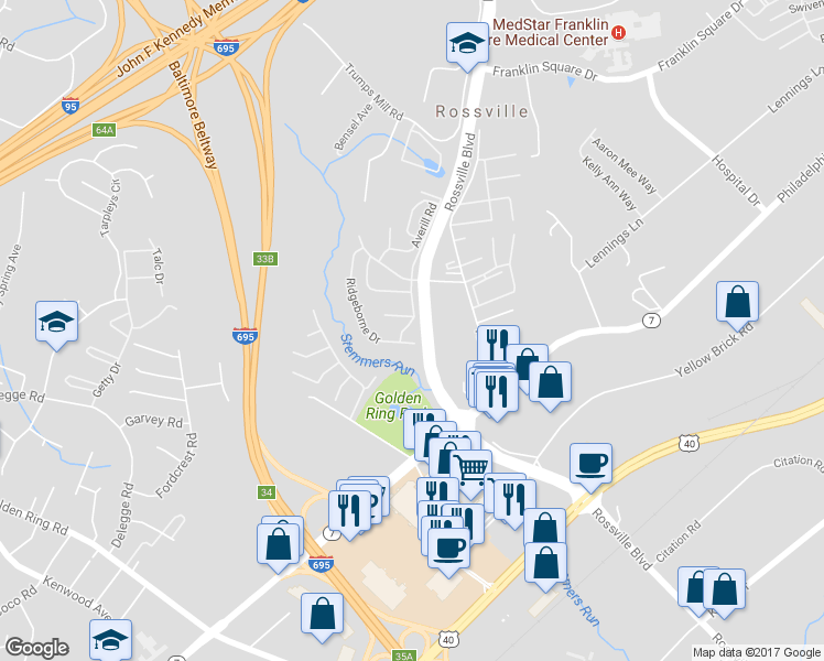 map of restaurants, bars, coffee shops, grocery stores, and more near 6505 Ridgeborne Drive in Rosedale