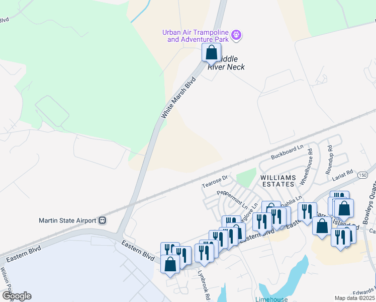 map of restaurants, bars, coffee shops, grocery stores, and more near in Middle River