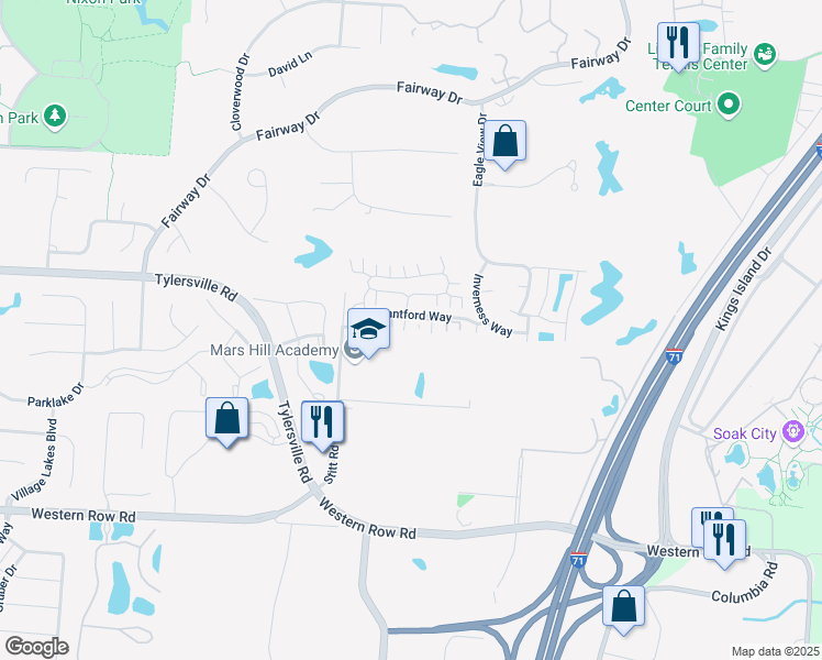 map of restaurants, bars, coffee shops, grocery stores, and more near 3877 Brantford Way in Mason