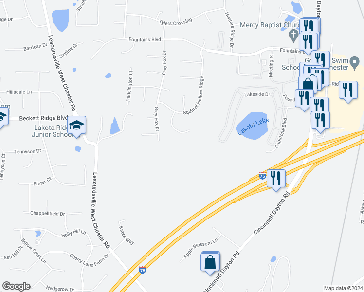map of restaurants, bars, coffee shops, grocery stores, and more near 8397 Todd Creek Circle in Butler County
