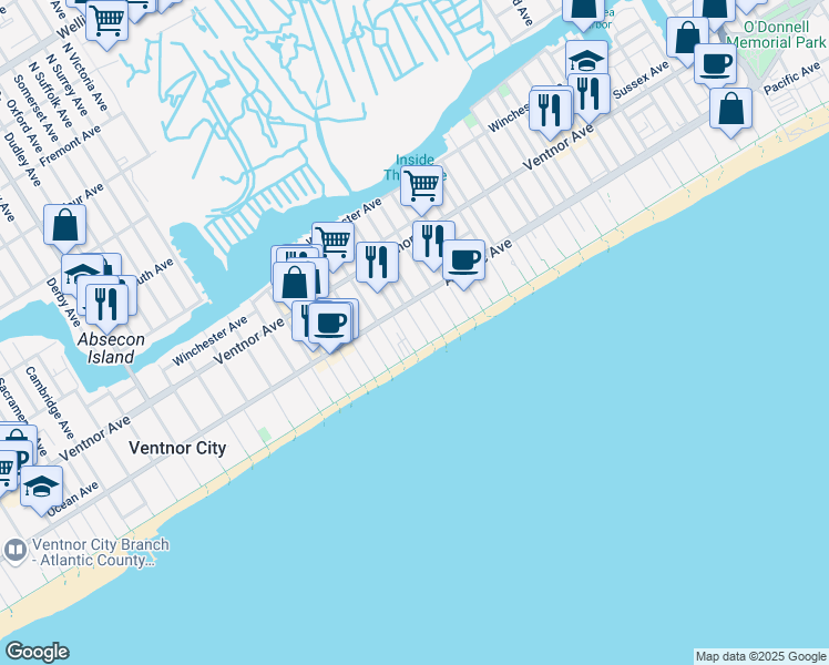 map of restaurants, bars, coffee shops, grocery stores, and more near 5110 Boardwalk in Ventnor City