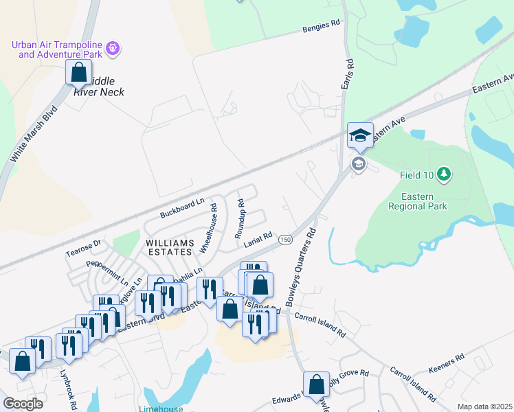 map of restaurants, bars, coffee shops, grocery stores, and more near 141 Cowhide Circle in Middle River
