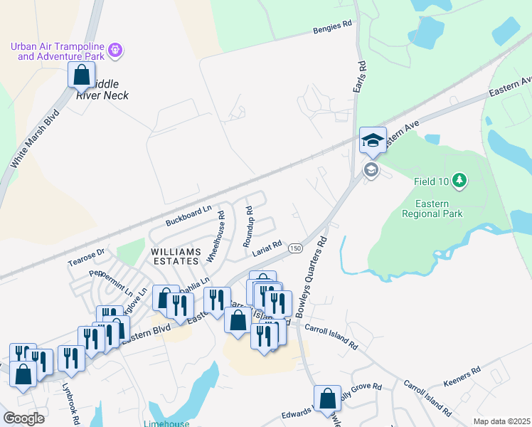 map of restaurants, bars, coffee shops, grocery stores, and more near 141 Cowhide Circle in Middle River