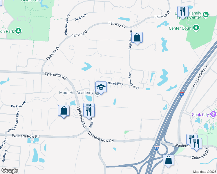 map of restaurants, bars, coffee shops, grocery stores, and more near 3877 Brantford Way in Mason