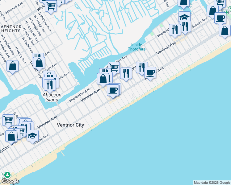 map of restaurants, bars, coffee shops, grocery stores, and more near 113 South Little Rock Avenue in Ventnor City