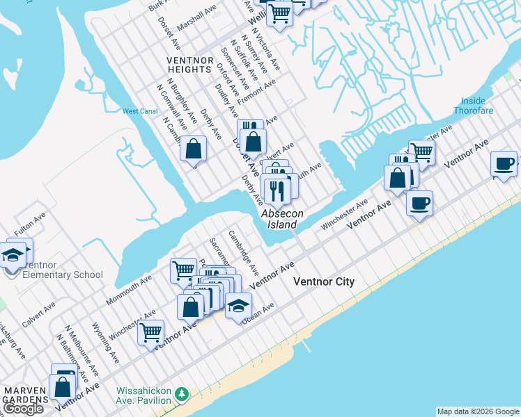 map of restaurants, bars, coffee shops, grocery stores, and more near 130 North Derby Avenue in Ventnor City