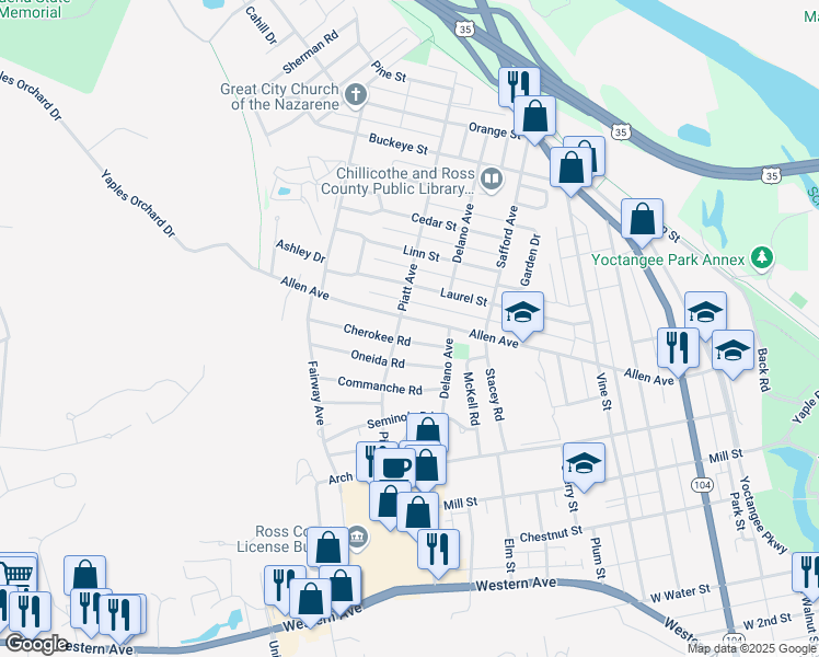 map of restaurants, bars, coffee shops, grocery stores, and more near 610 Cherokee Road in Chillicothe