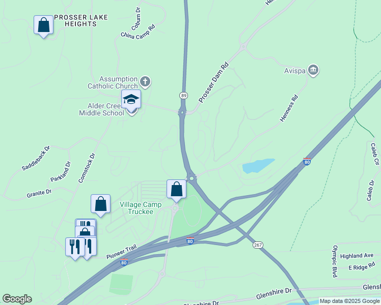 map of restaurants, bars, coffee shops, grocery stores, and more near 10500 California 89 in Truckee