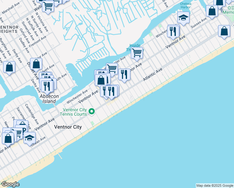 map of restaurants, bars, coffee shops, grocery stores, and more near 107 South Frankfort Avenue in Ventnor City