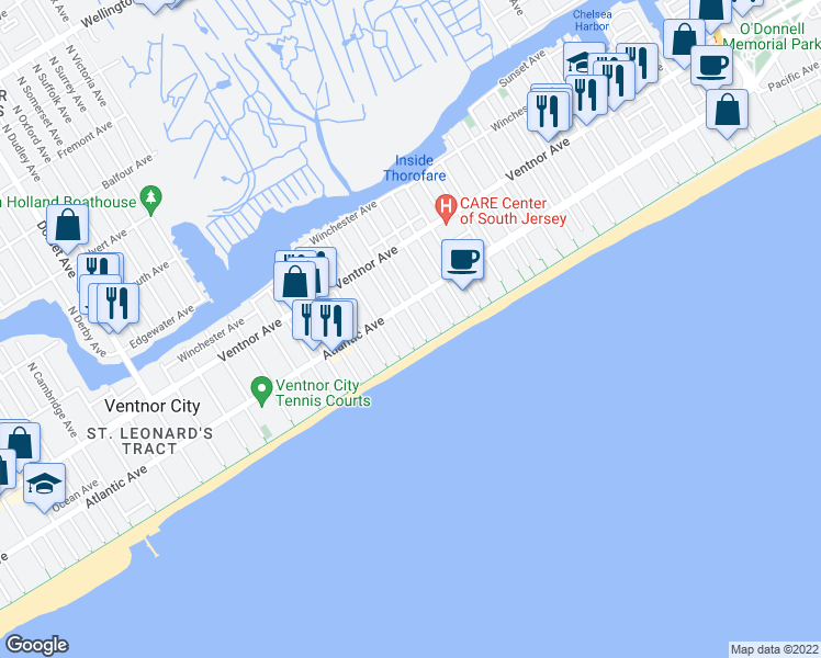 map of restaurants, bars, coffee shops, grocery stores, and more near 5110 Boardwalk in Ventnor City