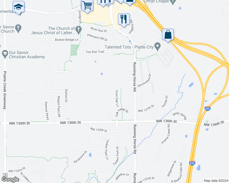 map of restaurants, bars, coffee shops, grocery stores, and more near 13766 Post Oak Lane in Platte City