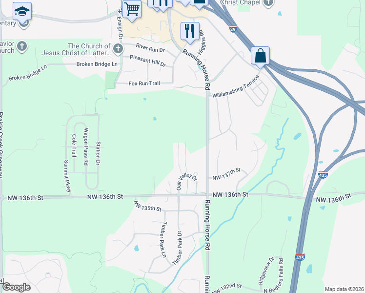 map of restaurants, bars, coffee shops, grocery stores, and more near 13767 Post Oak Lane in Platte City