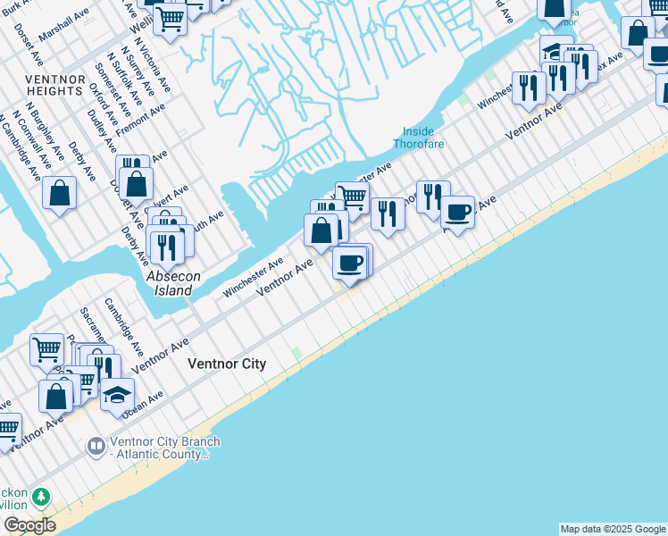 map of restaurants, bars, coffee shops, grocery stores, and more near 3 South Weymouth Avenue in Ventnor City