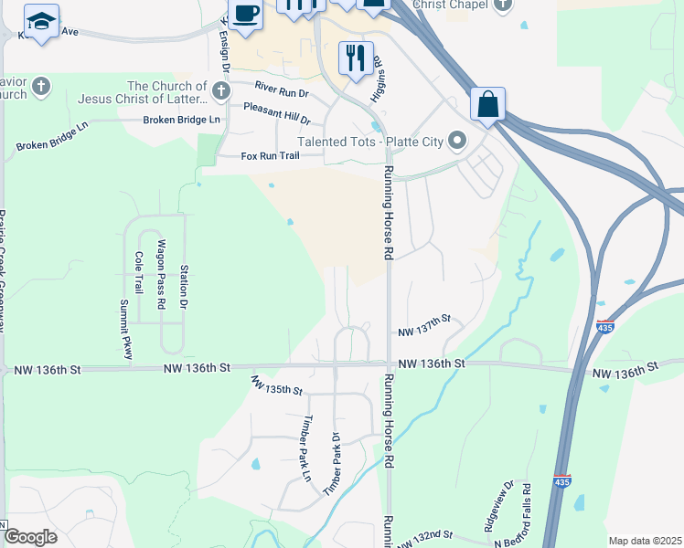 map of restaurants, bars, coffee shops, grocery stores, and more near 13776 Post Oak Lane in Platte City