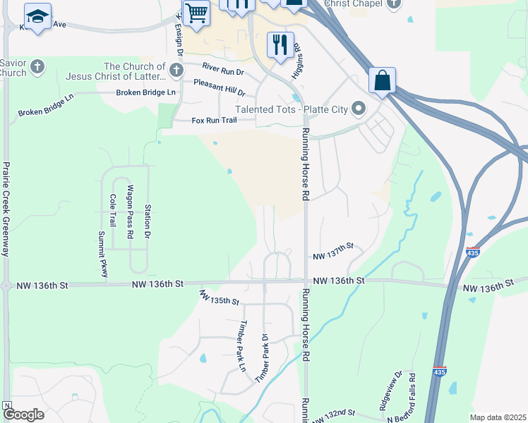 map of restaurants, bars, coffee shops, grocery stores, and more near 13776 Post Oak Ln in Platte City