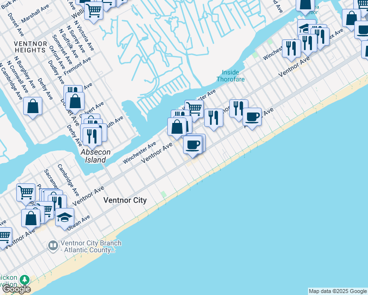 map of restaurants, bars, coffee shops, grocery stores, and more near 15 South Little Rock Avenue in Ventnor City