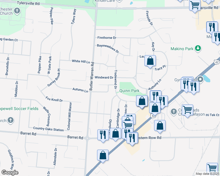 map of restaurants, bars, coffee shops, grocery stores, and more near 1407 Southwind Drive in Mason