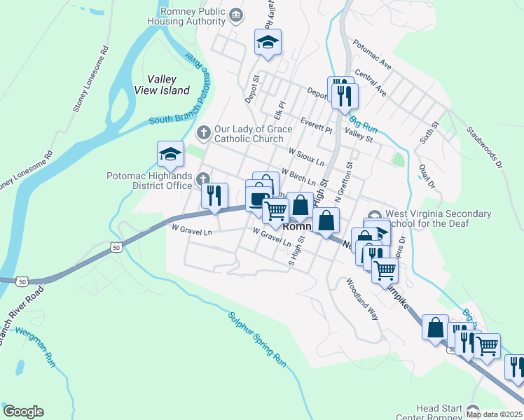 map of restaurants, bars, coffee shops, grocery stores, and more near 272 West Rosemary Lane in Romney