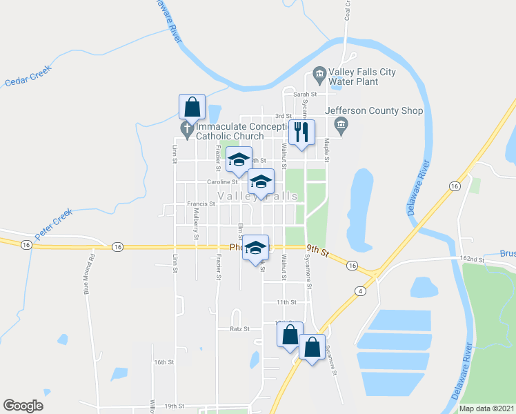 map of restaurants, bars, coffee shops, grocery stores, and more near 700 Oak Street in Valley Falls