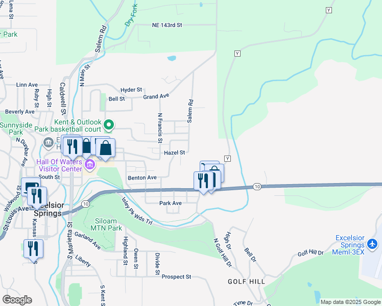 map of restaurants, bars, coffee shops, grocery stores, and more near 729 Hazel Street in Excelsior Springs