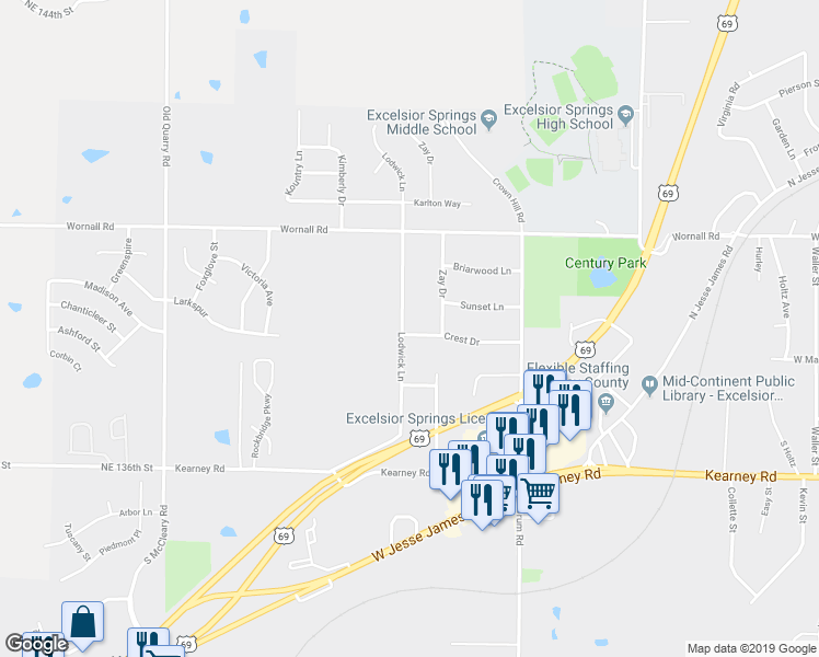 map of restaurants, bars, coffee shops, grocery stores, and more near 210 Crest Drive in Excelsior Springs