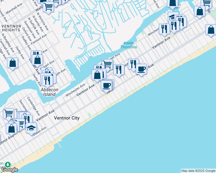map of restaurants, bars, coffee shops, grocery stores, and more near 23 South Weymouth Avenue in Ventnor City
