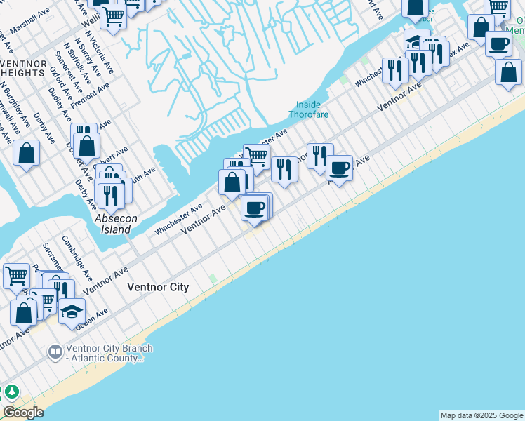 map of restaurants, bars, coffee shops, grocery stores, and more near 3 South Weymouth Avenue in Ventnor City