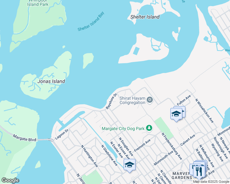 map of restaurants, bars, coffee shops, grocery stores, and more near 7503 Bayshore Drive in Margate City