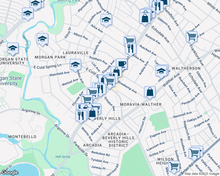 map of restaurants, bars, coffee shops, grocery stores, and more near Harford Rd & E Cold Spring Ln in Baltimore