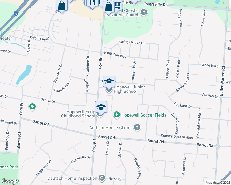 map of restaurants, bars, coffee shops, grocery stores, and more near 8200 Cox Road in Butler County