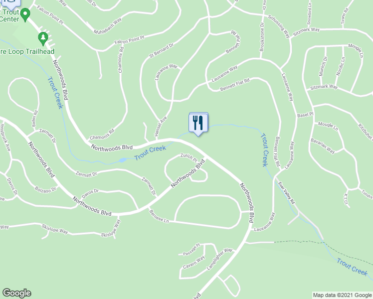 map of restaurants, bars, coffee shops, grocery stores, and more near 11537 Northwoods Boulevard in Truckee
