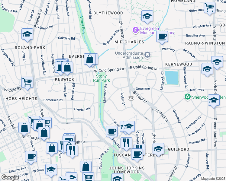 map of restaurants, bars, coffee shops, grocery stores, and more near 100 Overhill Road in Baltimore