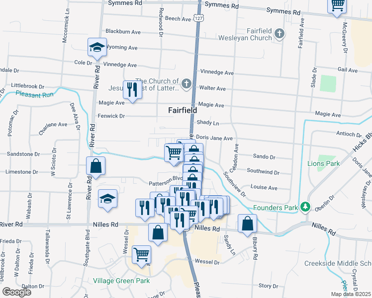 map of restaurants, bars, coffee shops, grocery stores, and more near 4950 Pleasant Avenue in Fairfield