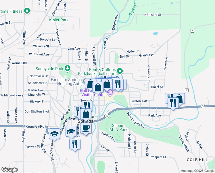map of restaurants, bars, coffee shops, grocery stores, and more near 311 North Main Street in Excelsior Springs