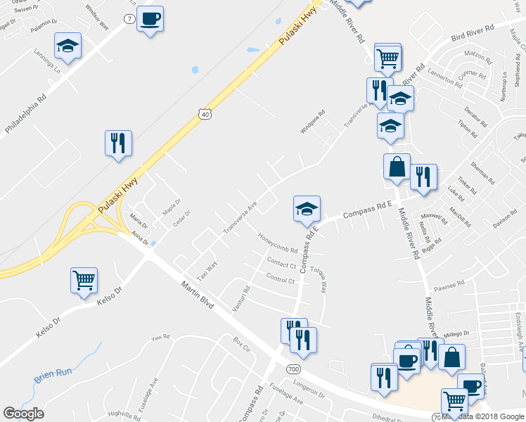 map of restaurants, bars, coffee shops, grocery stores, and more near 2 Alloy Circle in Middle River