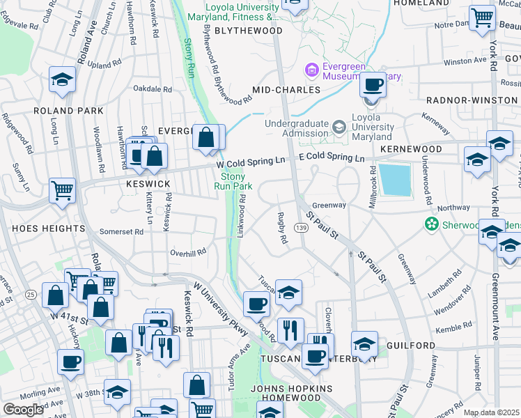 map of restaurants, bars, coffee shops, grocery stores, and more near 100 Overhill Road in Baltimore