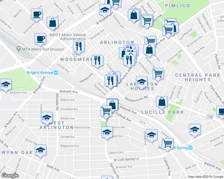 map of restaurants, bars, coffee shops, grocery stores, and more near 5204 Reisterstown Road in Baltimore