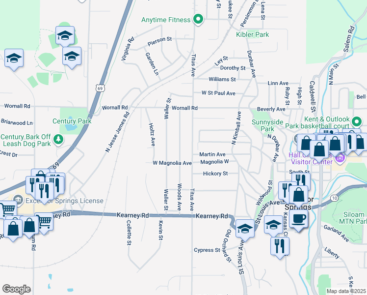 map of restaurants, bars, coffee shops, grocery stores, and more near 333 Woods Avenue in Excelsior Springs
