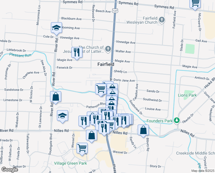 map of restaurants, bars, coffee shops, grocery stores, and more near 4950 Pleasant Avenue in Fairfield