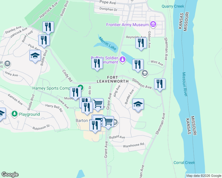map of restaurants, bars, coffee shops, grocery stores, and more near Grant Avenue in Leavenworth