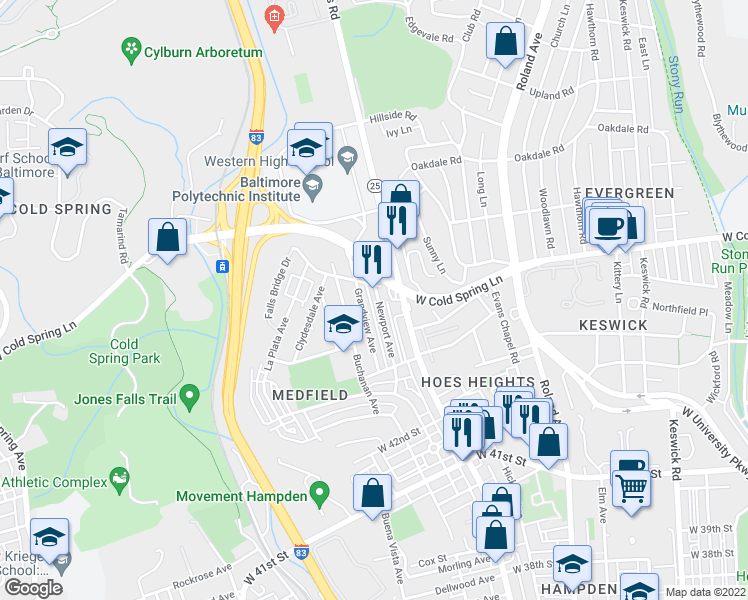 map of restaurants, bars, coffee shops, grocery stores, and more near 4442 Newport Avenue in Baltimore