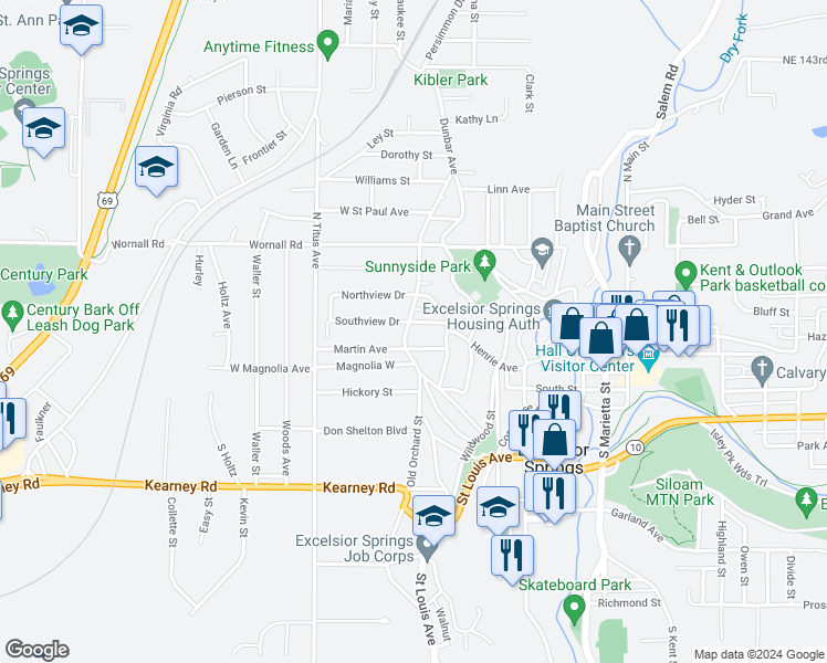 map of restaurants, bars, coffee shops, grocery stores, and more near 215 North Kimball Avenue in Excelsior Springs