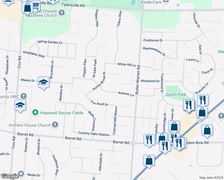 map of restaurants, bars, coffee shops, grocery stores, and more near 8184 Autumn Lane in Butler County