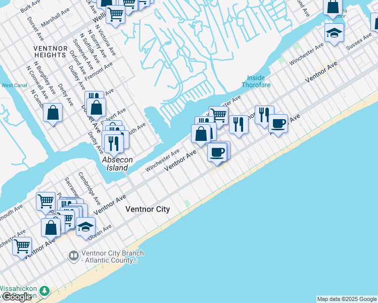 map of restaurants, bars, coffee shops, grocery stores, and more near 5401 Winchester Avenue in Ventnor City