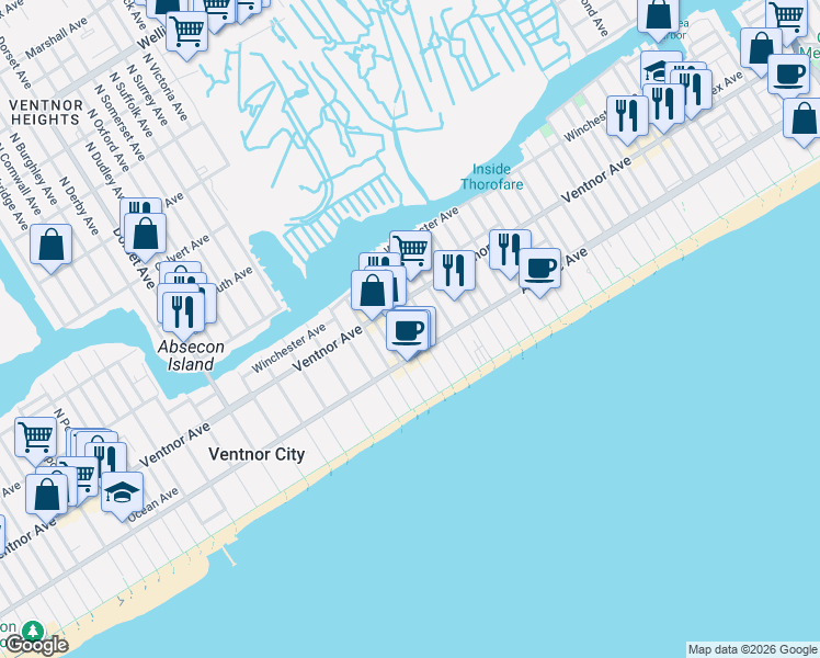 map of restaurants, bars, coffee shops, grocery stores, and more near 3 South Weymouth Avenue in Ventnor City