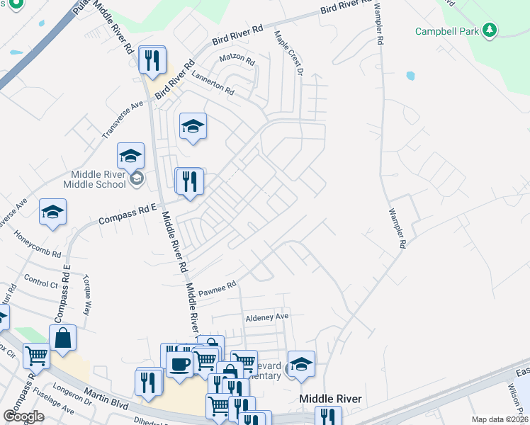 map of restaurants, bars, coffee shops, grocery stores, and more near 9712 Langley Road in Middle River