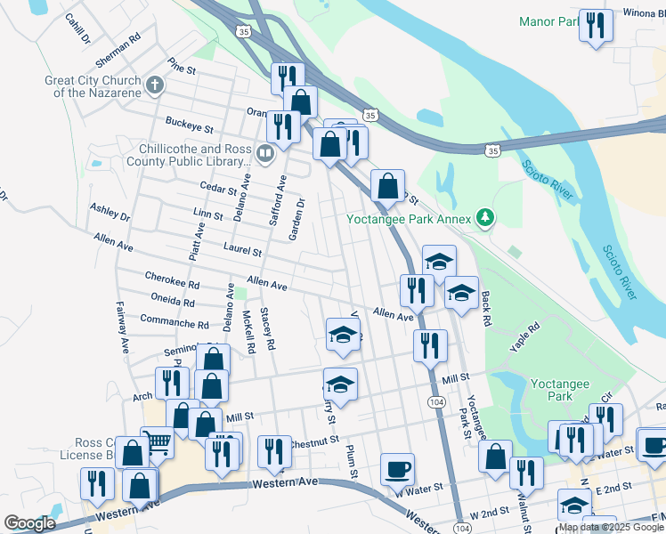map of restaurants, bars, coffee shops, grocery stores, and more near 1 Cavalier Court in Chillicothe