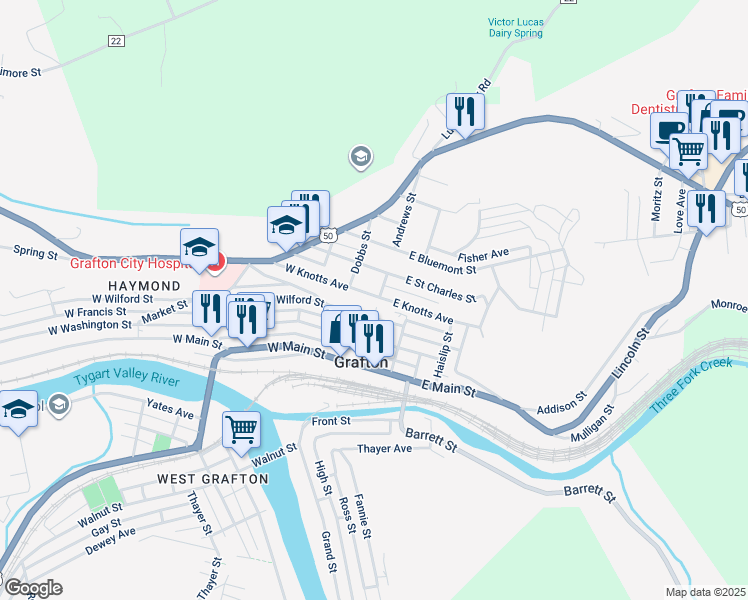 map of restaurants, bars, coffee shops, grocery stores, and more near 27 W Knotts Ave in Grafton
